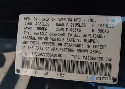 2006 Honda Accord 2.4 Lx из США, поврежденный, VIN 1HGCM72336A010611